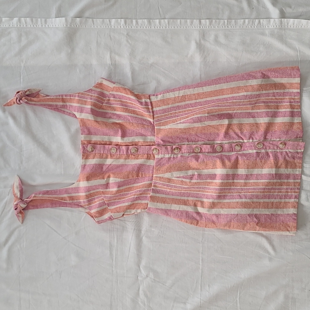 Lulus linen cotton tie shoulder orange pink tan stripe button dress pockets